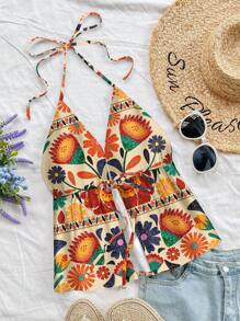 Soleia Women's Colorful Geometric Print Crisscross Back Beach Halter Tank Top, Casual Holiday Vibe, Suitable For Summer