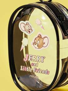 TOM & JERRY X SHEIN 便携式迷你透明拉链袋，多功能旅行收纳袋，适用于电缆、化妆品、钥匙和配件，紧凑型钥匙扣收纳袋，适用于女性、办公室、学校和户外必需品 - 黑色 - 查看 3