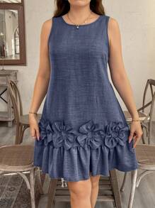 SHEIN LUNE Vestido de tubo con diseño floral 3D, dobladillo con volantes y sin mangas para tallas grandes - azul real - Ver 6