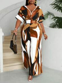 Maweii Plus Size Floral Print Batwing Sleeve Wide Leg Jumpsuit