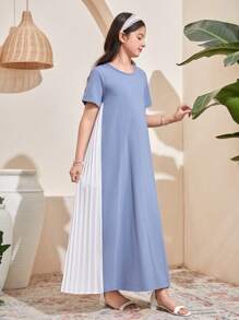 Tween Girls' Knit Solid Seam Patching Pleated Casual Dress, Suitable For Spring/Summer, Casual Outing, Back To School, Smoky Blue - Dusty Blue - View 2