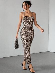 SHEIN PETITE Casual Romantic Holiday Leopard Print Draped Neck Backless Tie-Up Dress - Brown - View 5