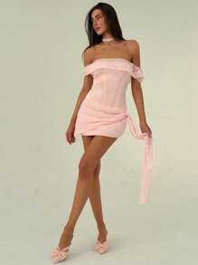 Aloruh Romantic Shallow Pink Strapless Bodycon Mini Dress With Ribbon, Suitable For Dates, Weddings