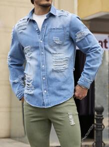 Manfinity Homme Chaqueta vaquera azul de ajuste slim casual para hombre, para verano - Lavado ligero - Ver 5