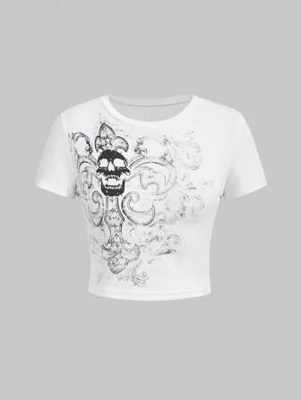 Grunge Punk Débardeur court blanc sexy en coupe moulante avec motif squelette, vignes et effet délavé, pour femmes. Idéal pour les festivals de musique ou les vacances