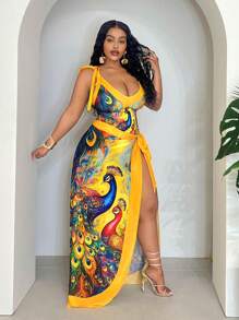 Slaydiva 加大码女式动物印花泳衣，搭配透明系带裙，两件套，适合海滩度假 - 彩色 - 查看 3