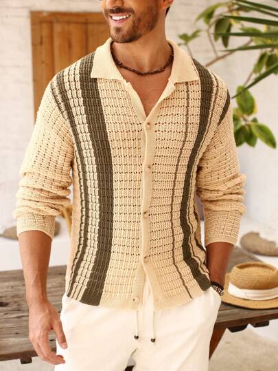 Manfinity Homme Men's Colorful Striped Short Sleeve Single-Breasted Casual Loose Cardigan Fit For Vacation