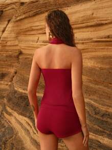 Anewsta Parte superior de bikini con tirantes finos y braguitas con diseño de cruce elegante para mujer - Burdeos - Ver 2