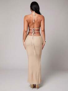 Silquee Cover Ups Black Crochet Sexy Deep V-Neck Hollow Slit Spring And Summer Holiday Clothes Mid-Length Women's Dress - Khaki - View 2