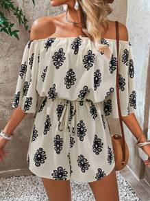 Breezaya 全身印花露肩荷叶边袖系带连体衣