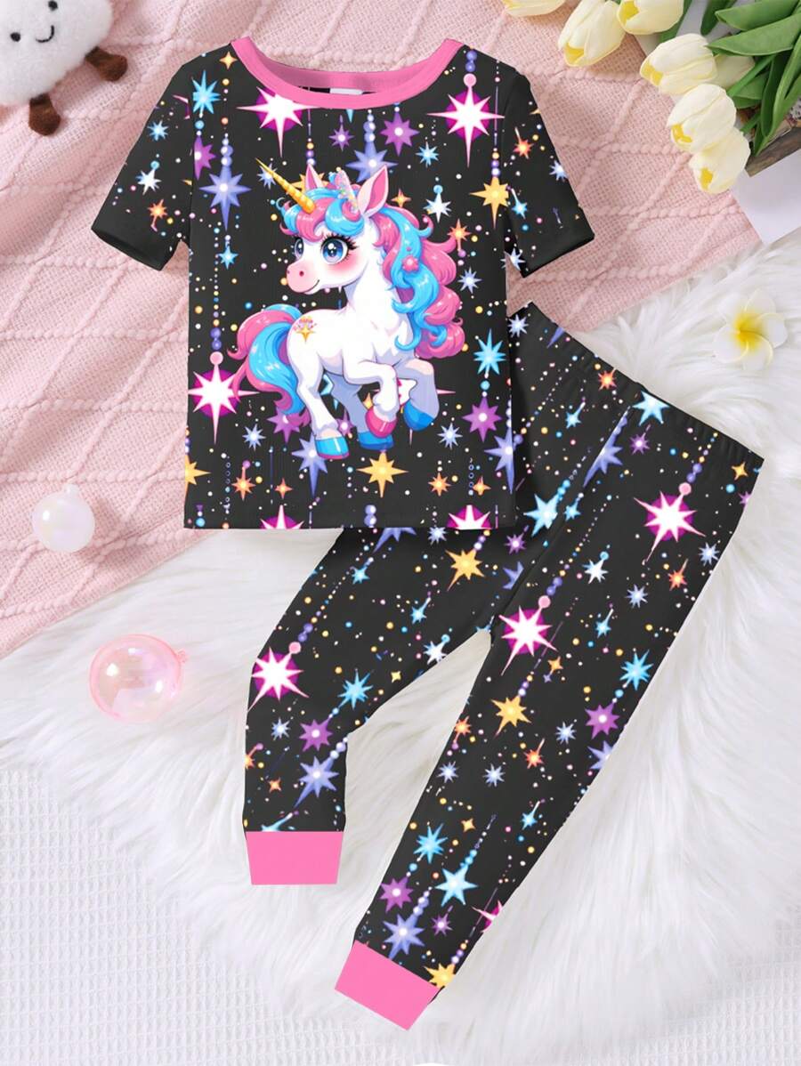SHEIN 2 件装少女可爱独角兽印花彩色星星夜光撞色圆领针织弹力贴身睡衣上衣和裤子睡衣套装 - 彩色 - 查看 1