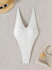 Swim SXY Traje de baño de una pieza de unicolor con textura, escote profundo en V y espalda descubierta para vacaciones en la playa, traje de baño de verano para vacaciones