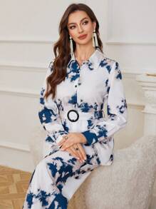 Mulvari 2 件套女士春夏扎染印花宽松长袖衬衫和阔腿裤套装 2 件套 - 藍色 - 查看 6