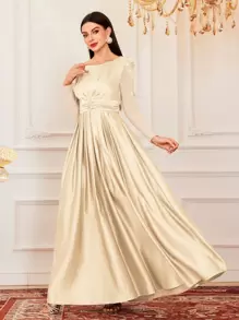 Modelyn Dames Geborduurde Mesh Bescheiden Lange Mouw Geplooide Jurk Met Applicatie Decoratie Lange Avondjurken