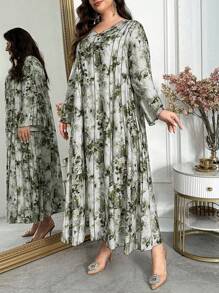 Al Najma 大码女式花卉印花 V 领喇叭袖连衣裙，适合度假，阿拉伯风格朴素优雅的长款卡夫坦 Jalabiya 连衣裙 - 彩色 - 查看 3