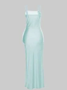 SHEIN Essnce Women's Summer Sexy Solid Color High Slit Strap Dress - Blue - View 2