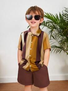 SHEIN 1pc Young Boys' Casual Preppy Comfortable & Versatile Soft Retro Stripe Pattern Short Sleeve Shirt, Suitable For Daily Wear, School, Outings, Spring/Summer - Multicolor - View 5