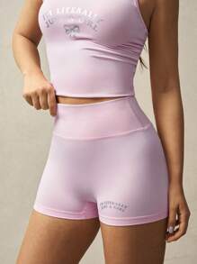 VARSITIE High Waist Silver Foil Print Form-Fitting Mini Sports Shorts - Pink - View 1