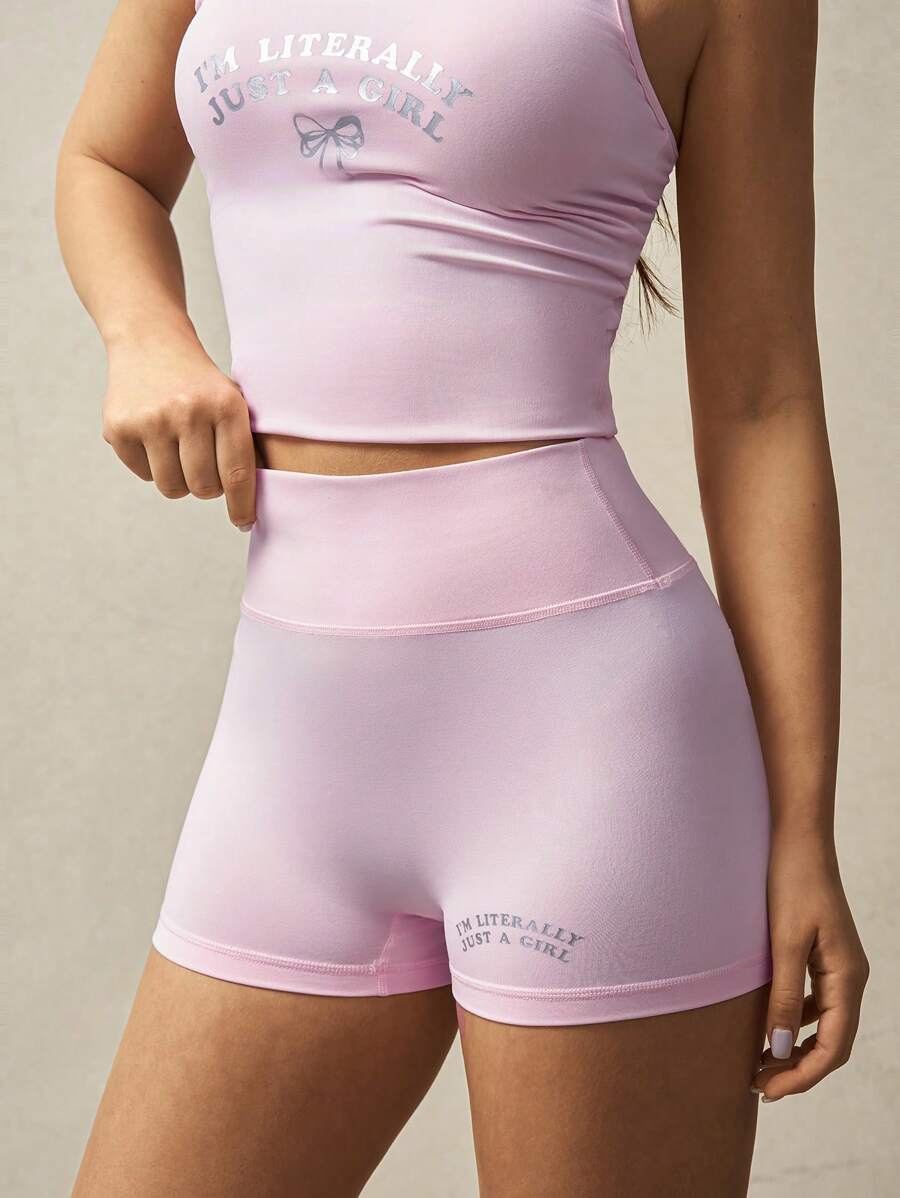 VARSITIE High Waist Silver Foil Print Form-Fitting Mini Sports Shorts - Pink - View 1