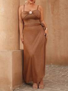 Swim Oasis Plus Size Women's Solid Color 2pcs Elegant Glittered One-Piece Swimsuit With Adjustable Strap + Glittered Waist Belt Cover Up Skirt, For Summer Beach Vacation