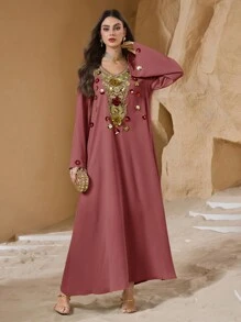 Al Najma 女士 V 领套头衫优雅花卉长袍传统长裙，春夏 - 粉色 - 查看 6