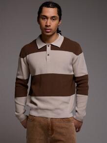 Musero 男士超大号撞色拼接条纹半纽扣门襟 Polo 领长袖毛衣秋冬装