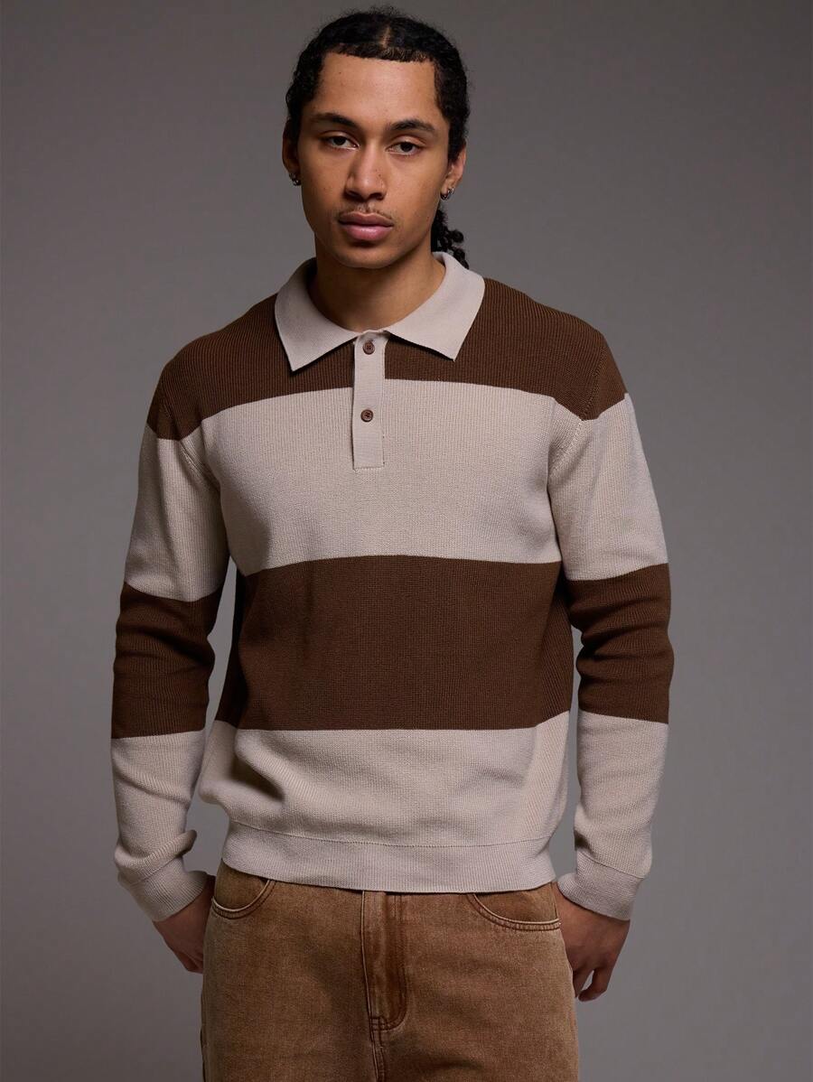 Musero 男士超大号撞色拼接条纹半纽扣门襟 Polo 领长袖毛衣秋冬装