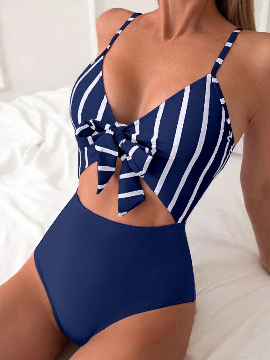 SHEIN Swim 女士条纹纯色蝴蝶结吊带连体泳衣,适合夏季海滩度假 - 藏蓝色 - 查看 1