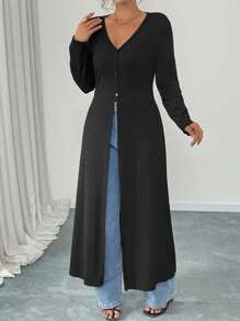 Elenzga Plus Size Women Solid Color Ribbed Long Sleeve Shirt Dress, Waist Cinched - Black - View 6