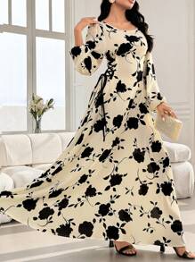 Mulvari Round Neck Lantern Sleeve Floral Print Draw Cord Side Abayas Dress,Modest - Apricot - View 5