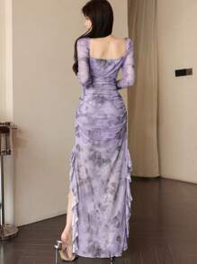 Modelyn 女士网眼印花荷叶边下摆开衩优雅性感连衣裙