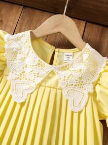 Young Girl Contrast Lace Puff Sleeve Pleated Hem A-Line Dress - Yellow - View 5