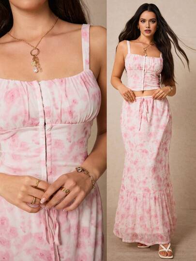 Poéselle 粉色碎花圆领上衣和超长裙套装 - 轻松夏季波西米亚风时尚、女士两件套服装、碎花超长套装、波西米亚风服装、轻盈时尚、夏季女装、海滩女装、两件套服装