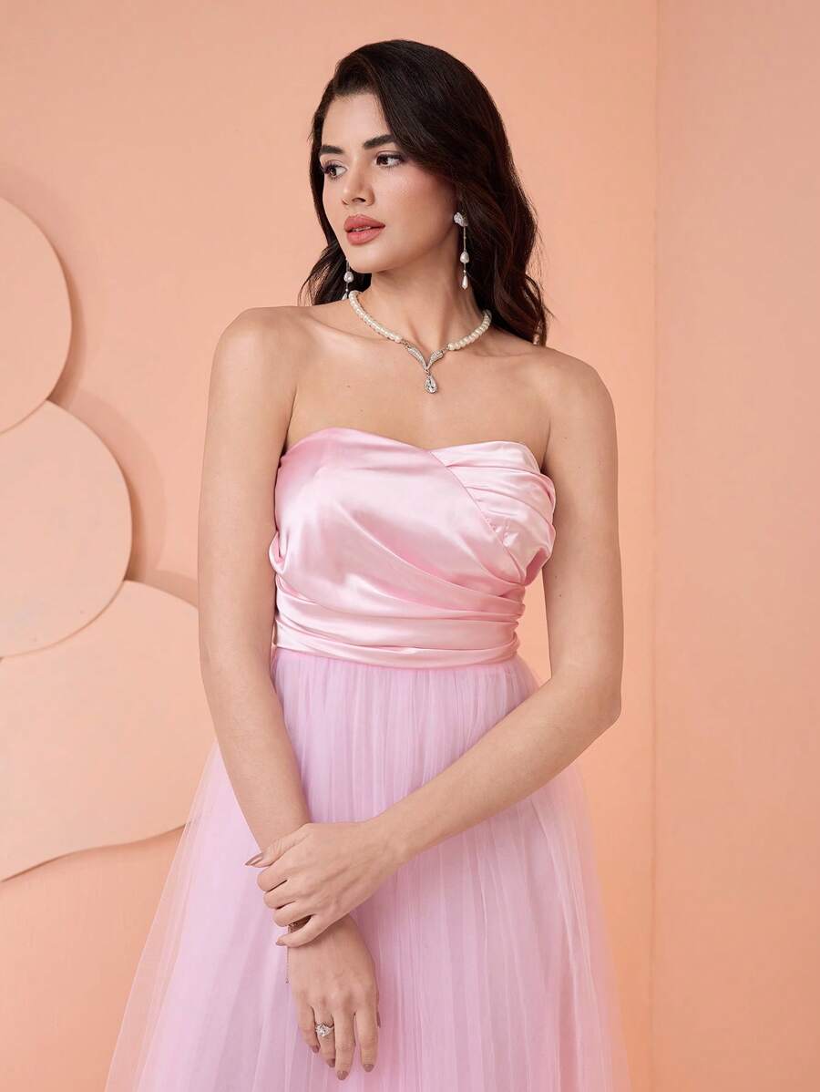 SHEIN Belle Women's Solid Color High Waist Mesh Dress,Elegant Formal Gown For Wedding Guest,Banquet,Prom,Birthday Party & Evening Events - Pink - View 1