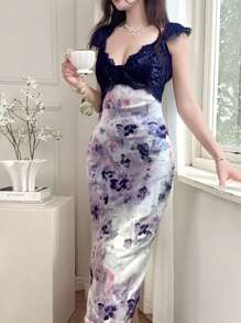 DAZY 新款春季女式长款印花连衣裙，采用色块和花卉图案，适合初次约会婚礼女装 - 紫色 - 查看 1