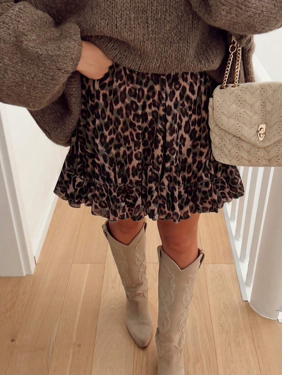 大码女式时尚豹纹荷叶边下摆半身裙，夏季 - 彩色 - 查看 1
