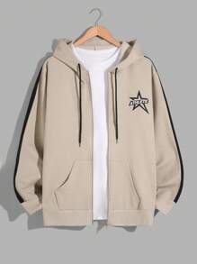RueChic Men Star Printed Grogren Detail Regular Zipup Hoodie - Camel - View 6