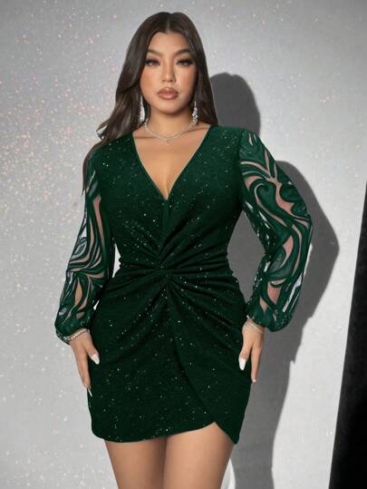 Viva Relle 大码 V 领蕾丝长袖简约亮片装饰休闲连衣裙，情人节