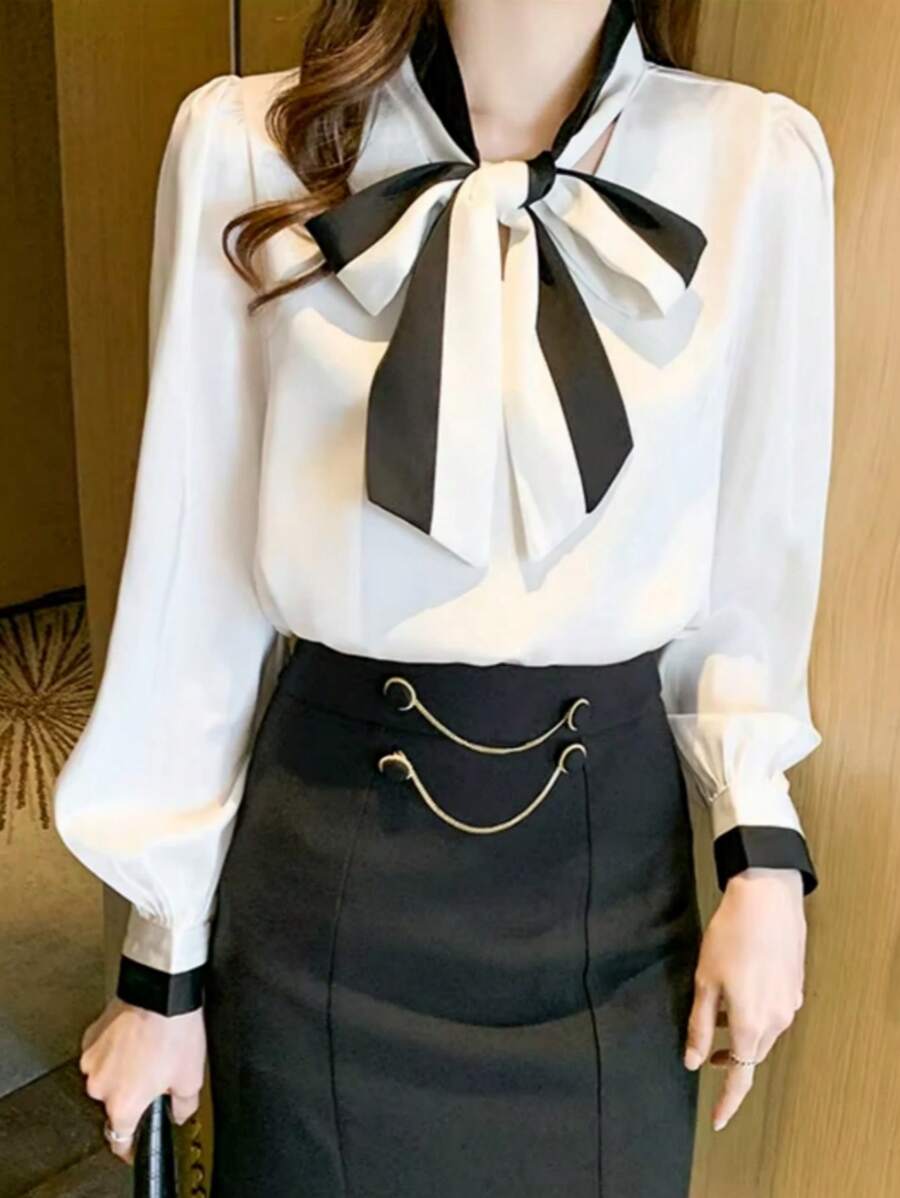 INAWLY Women's Elegant Commuter Color Block Tie Collar Blouse Fall ...
