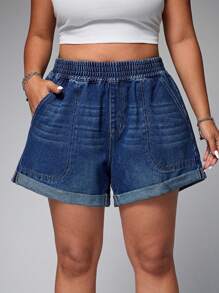 SHEIN EZwear Pantalones vaqueros de talla grande, sencillos y de moda, adecuados para el verano - Azul lavado oscuro - Ver 1