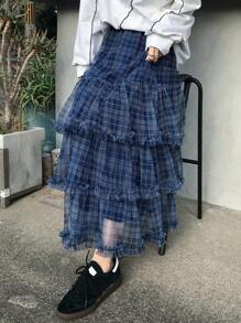 FRIFUL Women's Blue Plaid Pleated Mesh Skirt, Sweet High Waist Short Style, Suitable For Spring & Summer