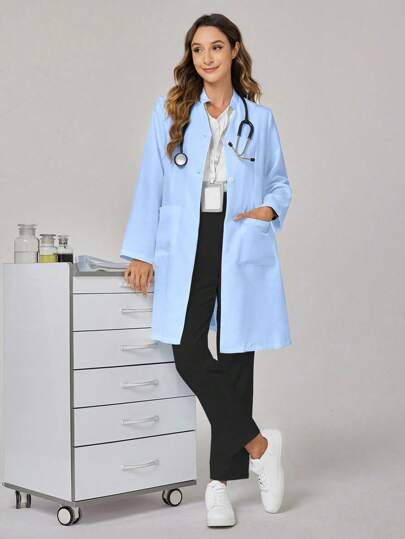 TaskEZ Women's Solid Color Long Sleeve Single-Breasted Pocket Lab Coat For Women Office