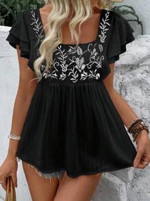 SHEIN LUNE 女士夏季方领刺绣短袖衬衫荷叶边上衣 - 黑色 - 查看 3