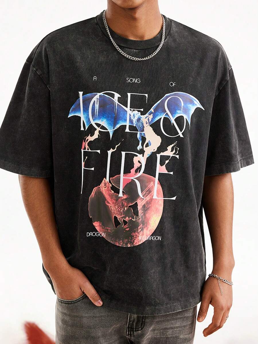 Game of Thrones X SHEIN Men's Casual Letter & Dragon Print Short Sleeve T-Shirt, Summer