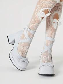 ROMWE Kawaii 女式哥特朋克包头玛丽珍鞋，带绑带、蝴蝶结、粗跟、正装高跟鞋 - 米色 - 查看 1