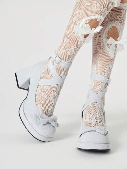 Kawaii Women's Gothic Punk Closed Toe Mary Jane Shoes With Strap, Bowknot , Thick Heel, Formal Dress Pumps