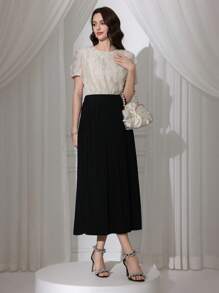 Modelyn Women Applique Decor Round Neck Loose Fit Short Sleeve Blouse - Apricot - View 7