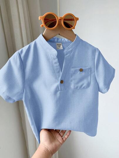 SHEIN LMoss Kids 1 件装年轻男孩休闲韩版立领半扣宽松短袖编织衬衫