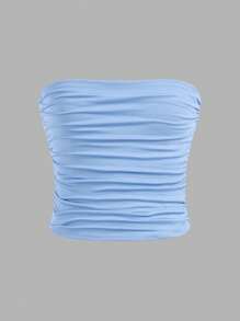 SHEIN 2 件/套 Tween 女童简约舒适褶饰短款上衣/背心 - 淺藍色 - 查看 4