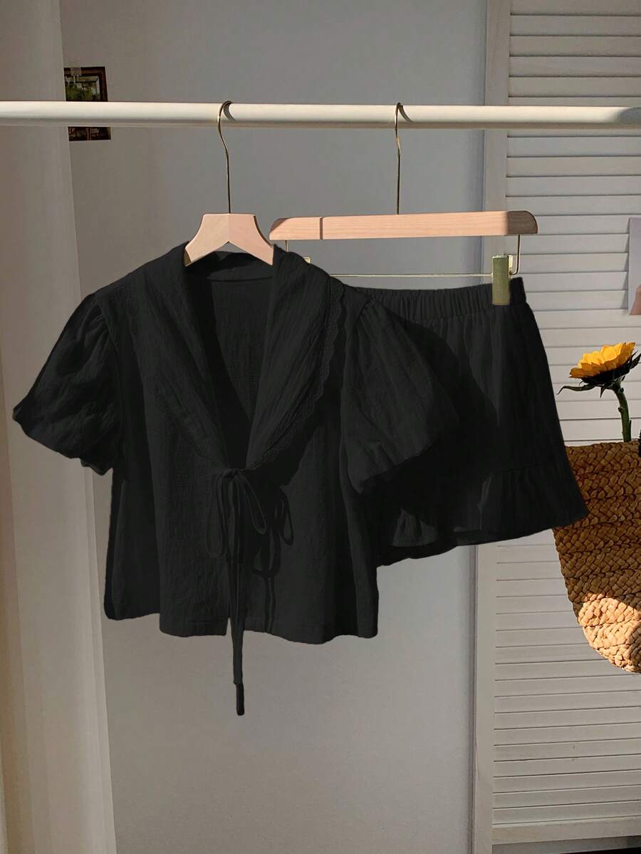 Comfortcana 2 件套大码女式纯色系带前衬衫配短裤，夏季